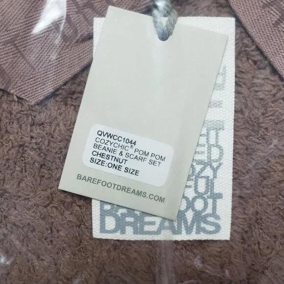 Barefoot Dreams CozyChic Pom Pom Beanie & Scarf Set Chestnut OS Warm Winter Wear